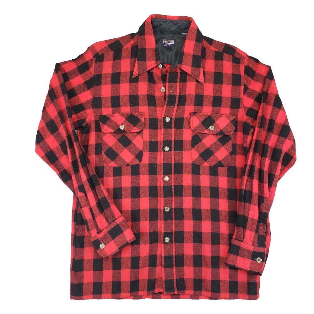 Vintage Enro Wool Flannel Shirt Mens Large Red Buffalo Check Plaid‎ Shacket